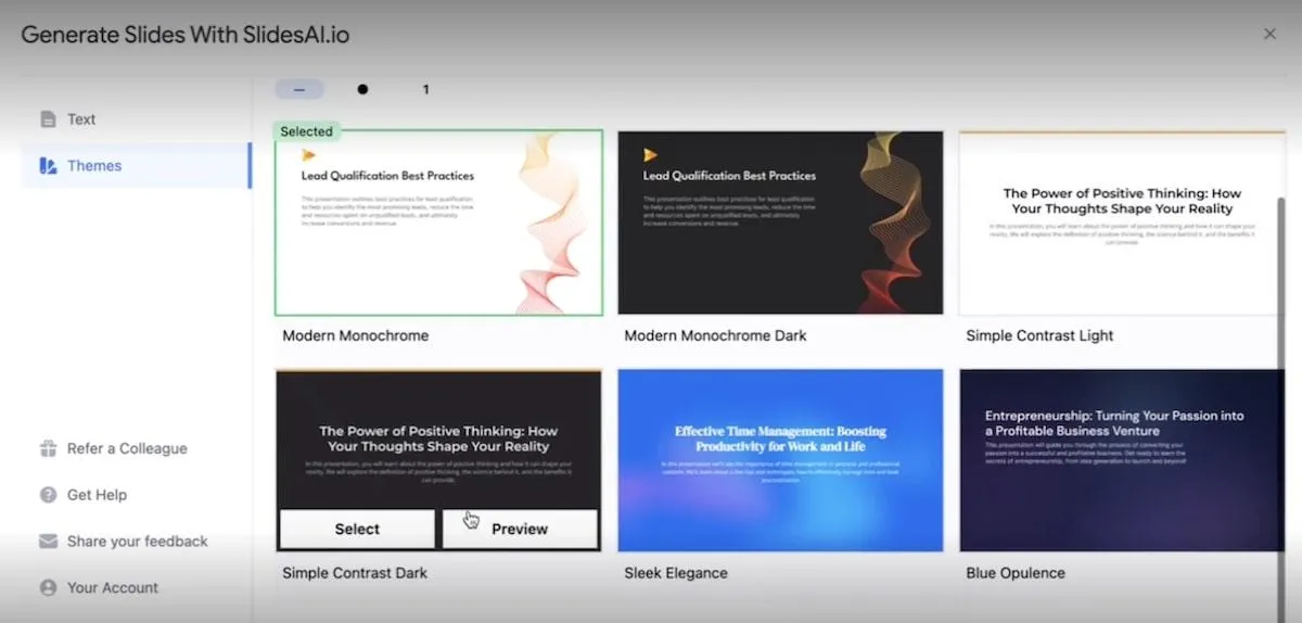 ทางเลือกของ Tome AI: ภาพหน้าจอของ SlidesAI Themes