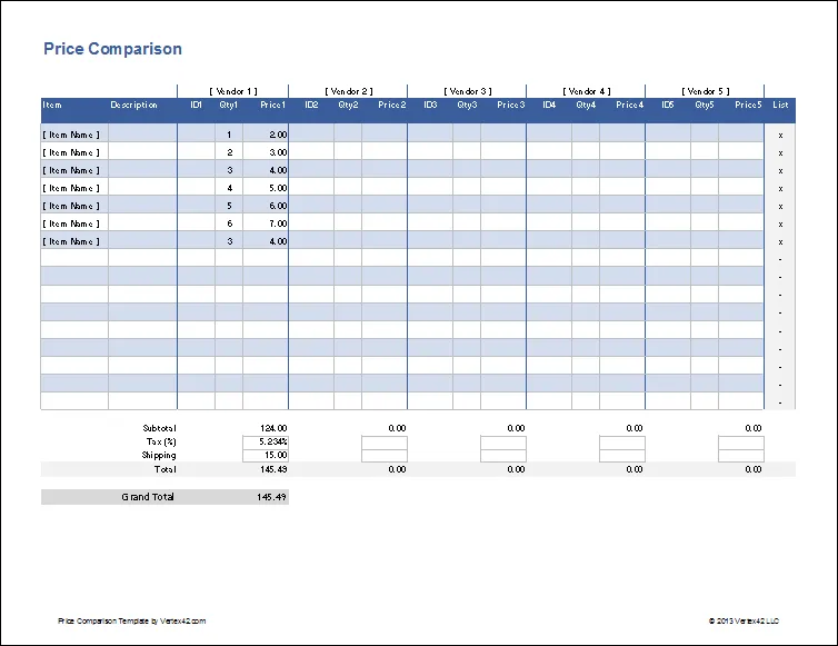 Modèle Excel de comparaison des prix par Vertex4