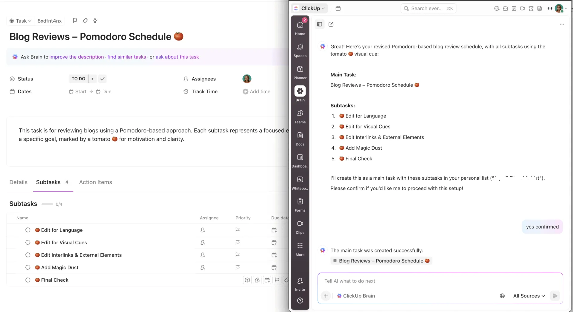 ClickUp Brain melalui ClickUp Tasks_pomodoro method