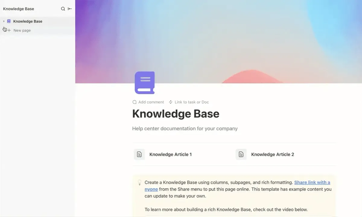 Modello di knowledge base di ClickUp