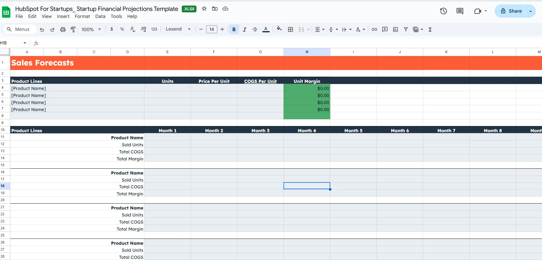 Plantilla de proyecciones financieras de HubSpot