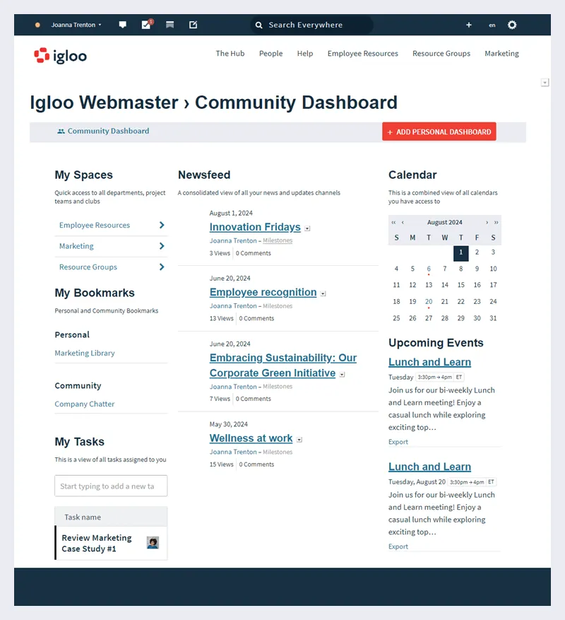 Igloo Software dashboard: alternative a Facebook Workplace