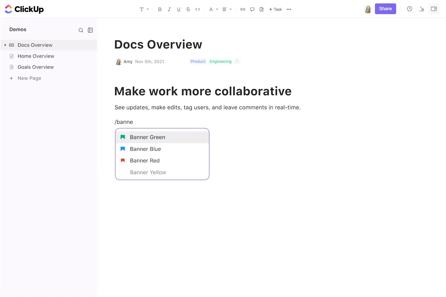 ClickUp Docs
esempio di proposta di valore per i documenti