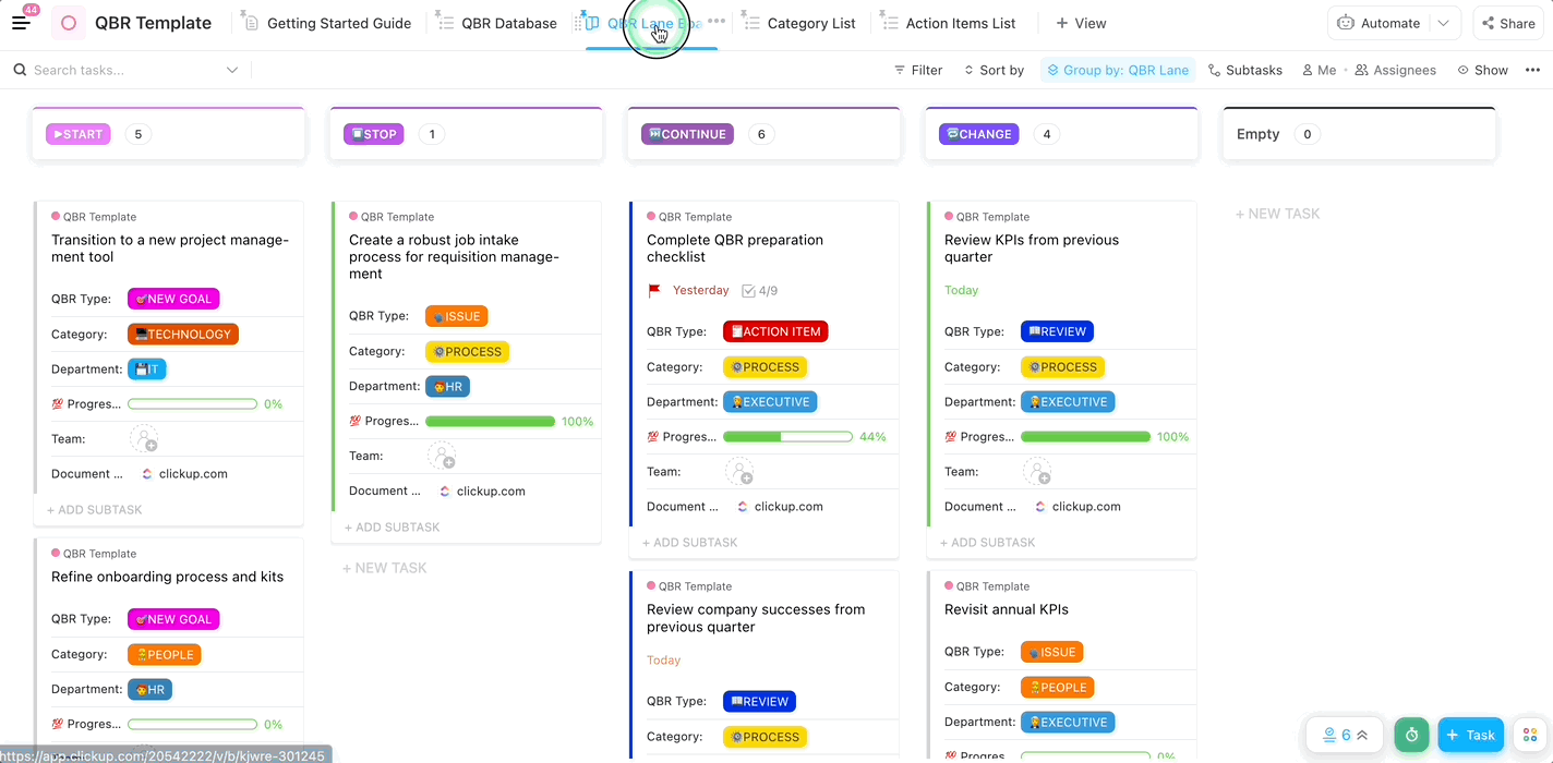 Modèle de tableau ClickUp QBR Lane (vue Tableau)