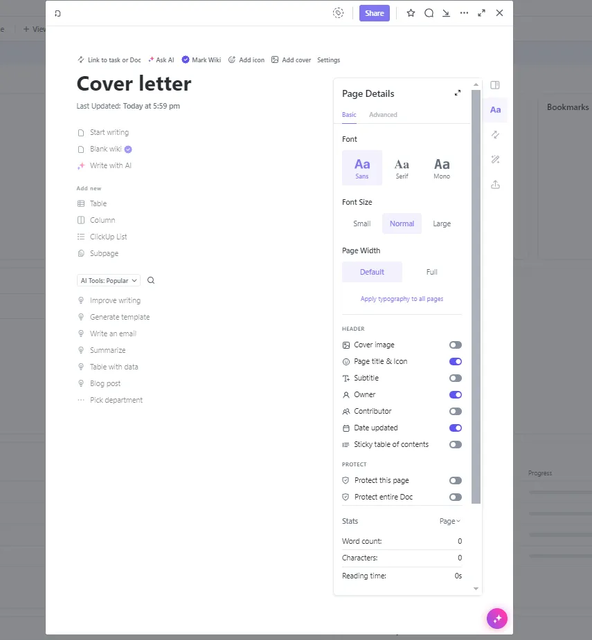 Use o ClickUp Docs para criar um currículo cronológico.