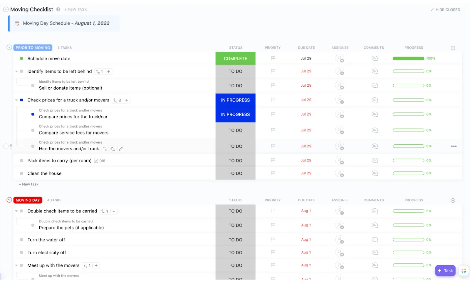 Modèle de checklist pour déménagement ClickUp