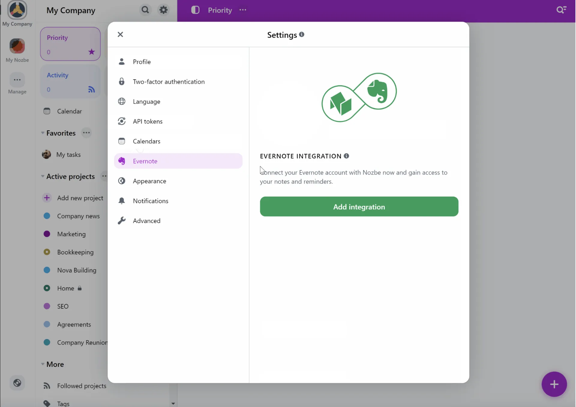 Tích hợp Nozbe Evernote Ảnh chụp màn hình cho thấy cách tích hợp Nozbe với Evernote, nhấp vào biểu tượng bánh răng -> Cài đặt -> Evernote. Nhấn nút "Thêm tích hợp" để kích hoạt tích hợp.