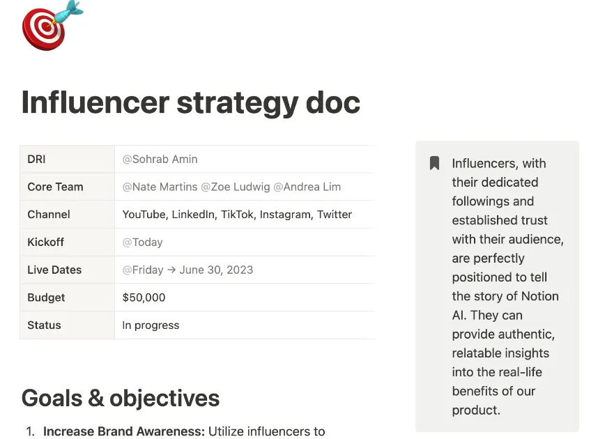 Notion influencer stratégiai dokumentum sablon