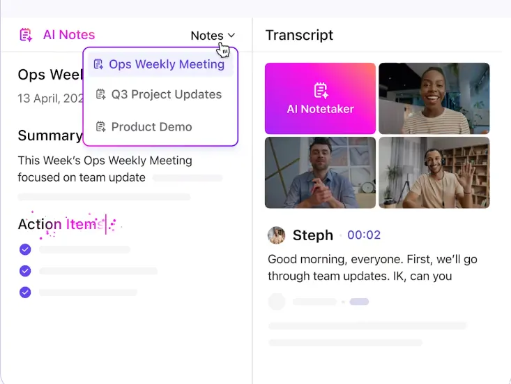 Получавайте незабавни транскрипции и задачи за действие с ClickUp AI Notetaker.