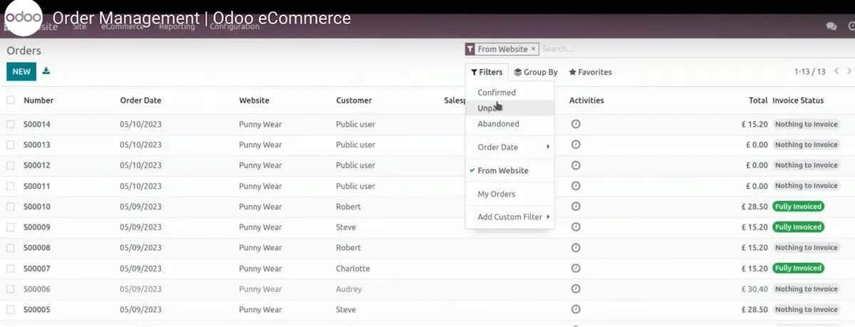 Fonctionnalité de gestion des commandes Odoo
