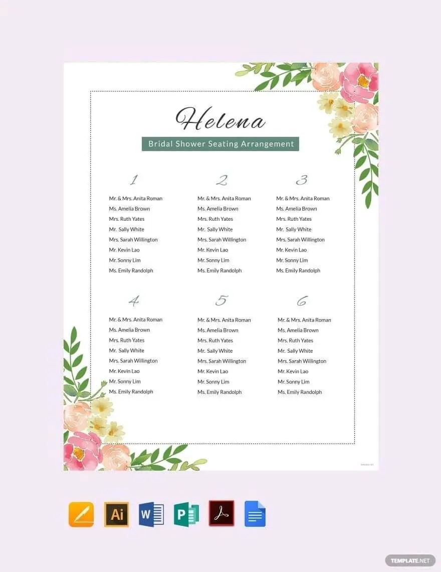 Plantilla gráfica de asientos para despedida de soltera de Template.net