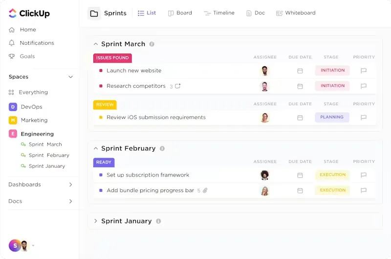 ClickUp pro softwarové týmy: alternativa k Windsurf