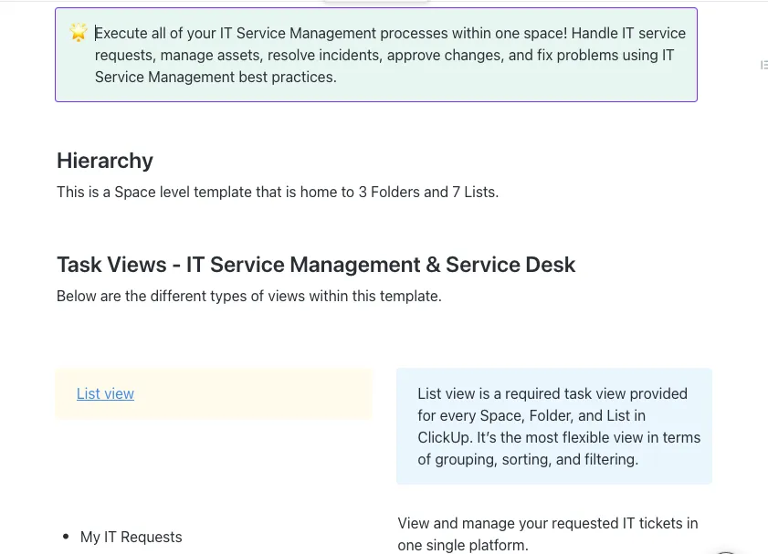 Nutzen Sie die ClickUp-Vorlage für IT-Servicemanagement für Änderungsmanagement, Incident Management und Problem Management.