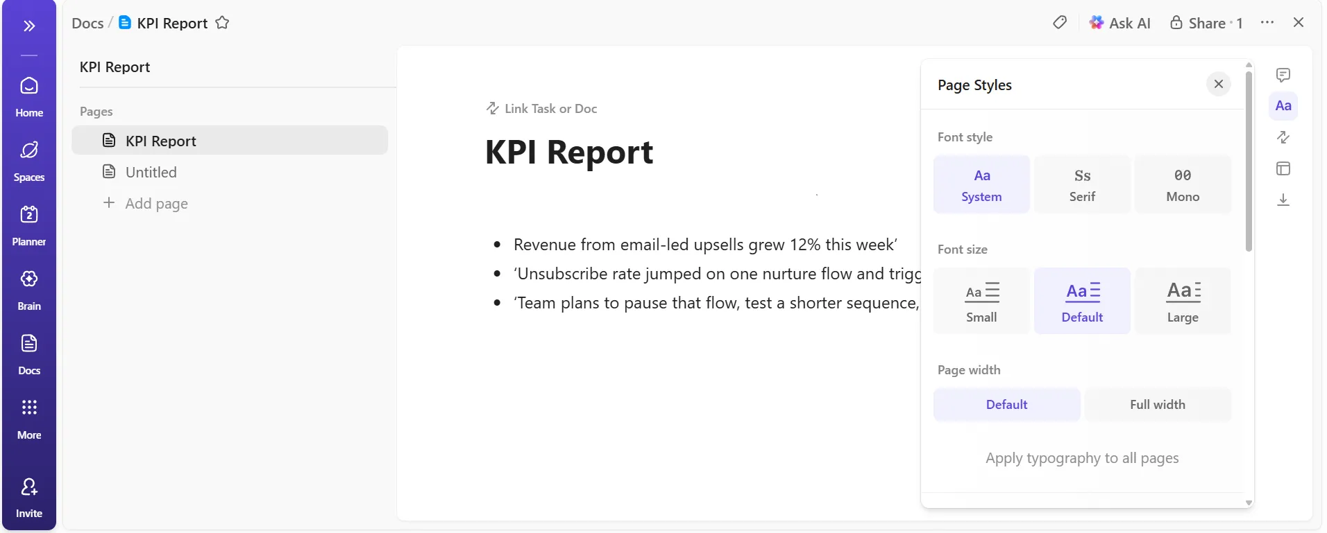 ClickUp Docs: monitora i KPI e garantisci la visualizzazione dei dati per metriche quali il Net Promoter Score e la soddisfazione dei dipendenti.