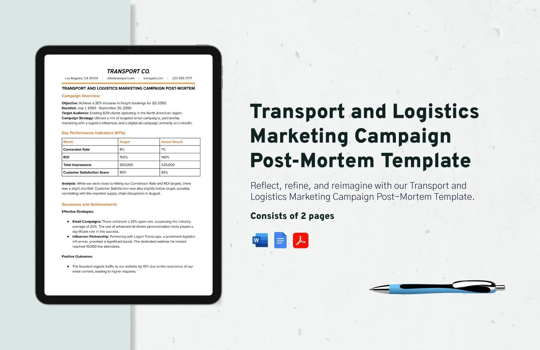 Modèle de bilan de campagne marketing logistique Google Docs par Template.net
