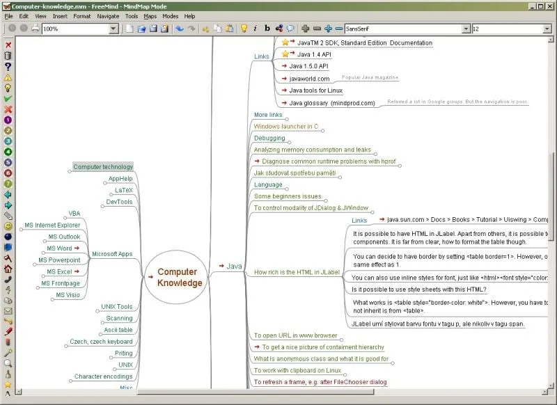 Alternative a Coggle: esempio di mappa mentale creata in FreeMind