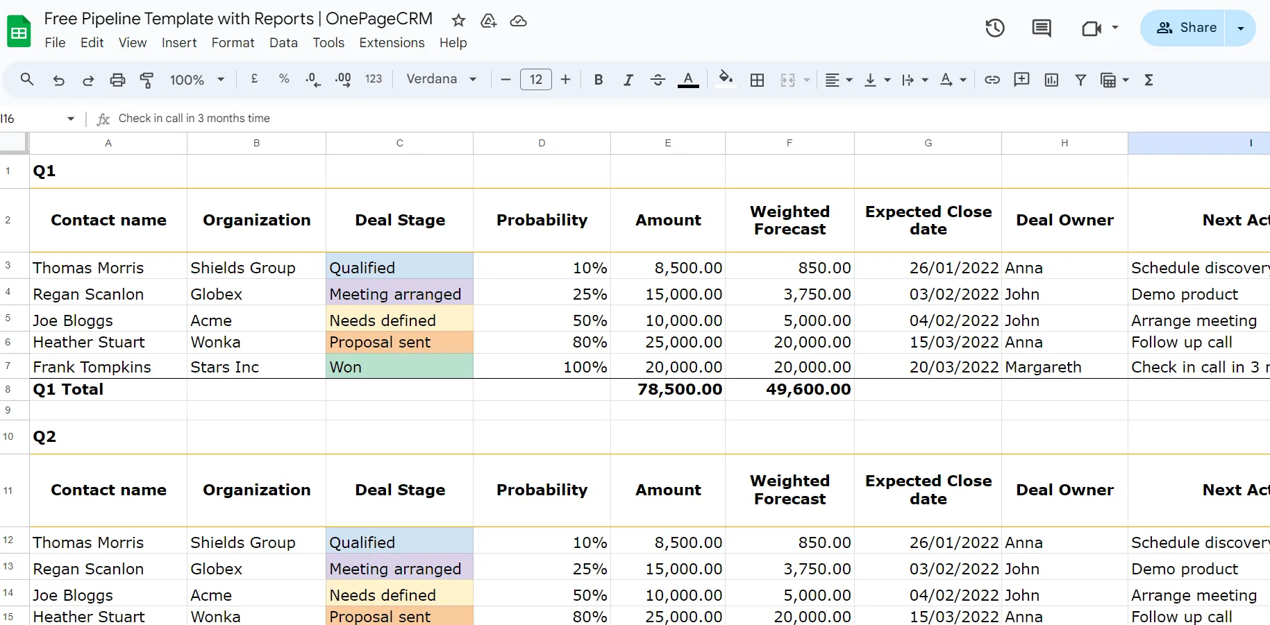 Modello Excel per pipeline commerciale di OnePageCRM