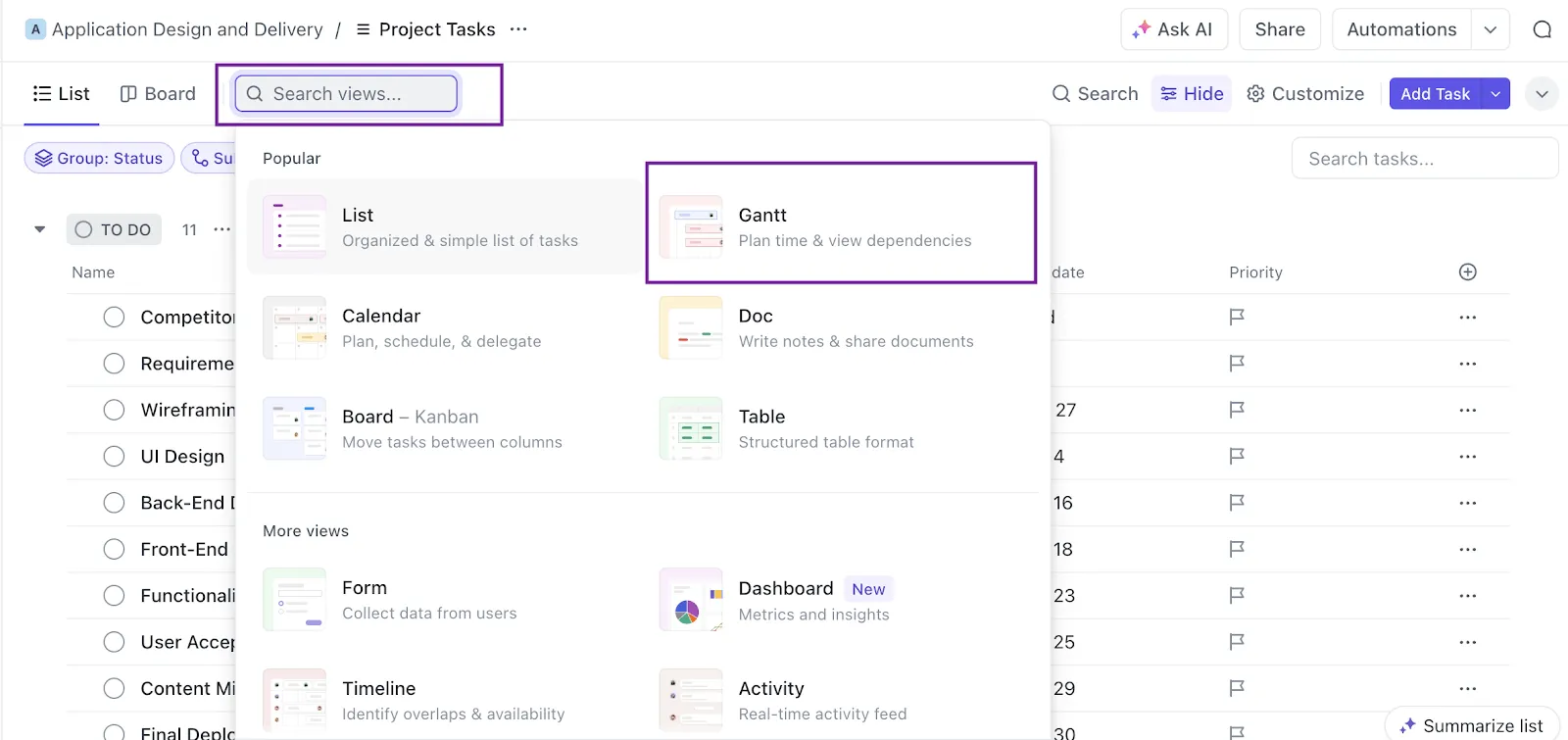 Gantt em Visualizações no ClickUp