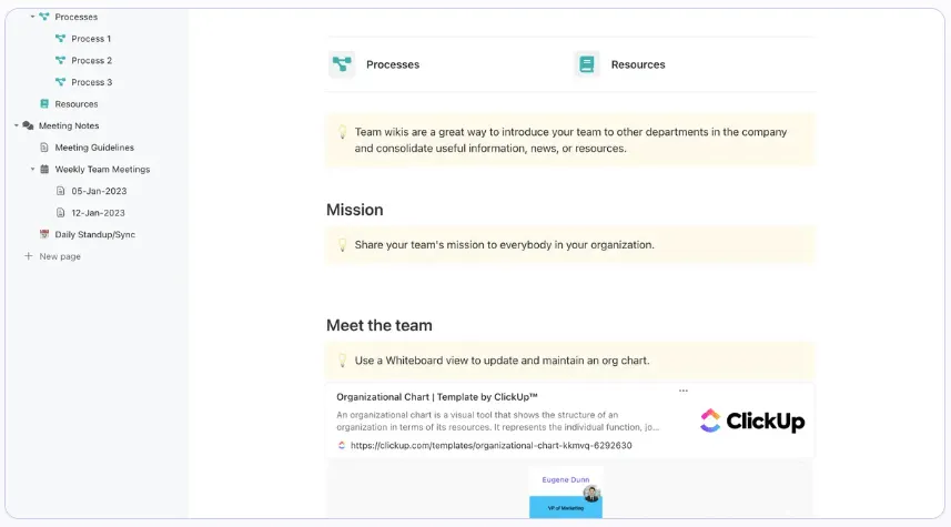 Crea un hub centralizzato per archiviare e condividere tutti i documenti relativi ai tuoi prodotti, dalle specifiche di progettazione ai manuali utente, con il modello ClickUp Team Docs.