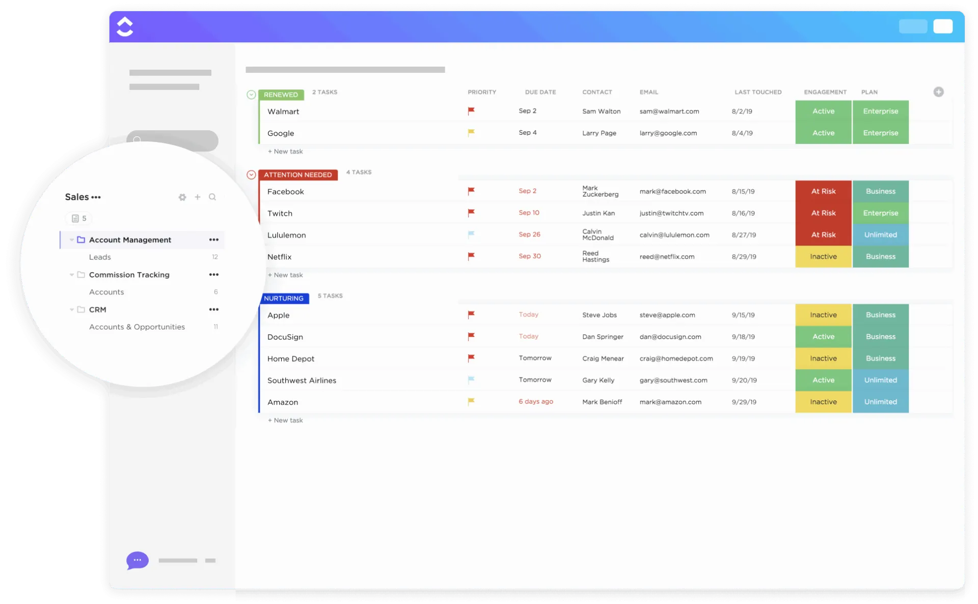 Modello di gestione account di ClickUp
