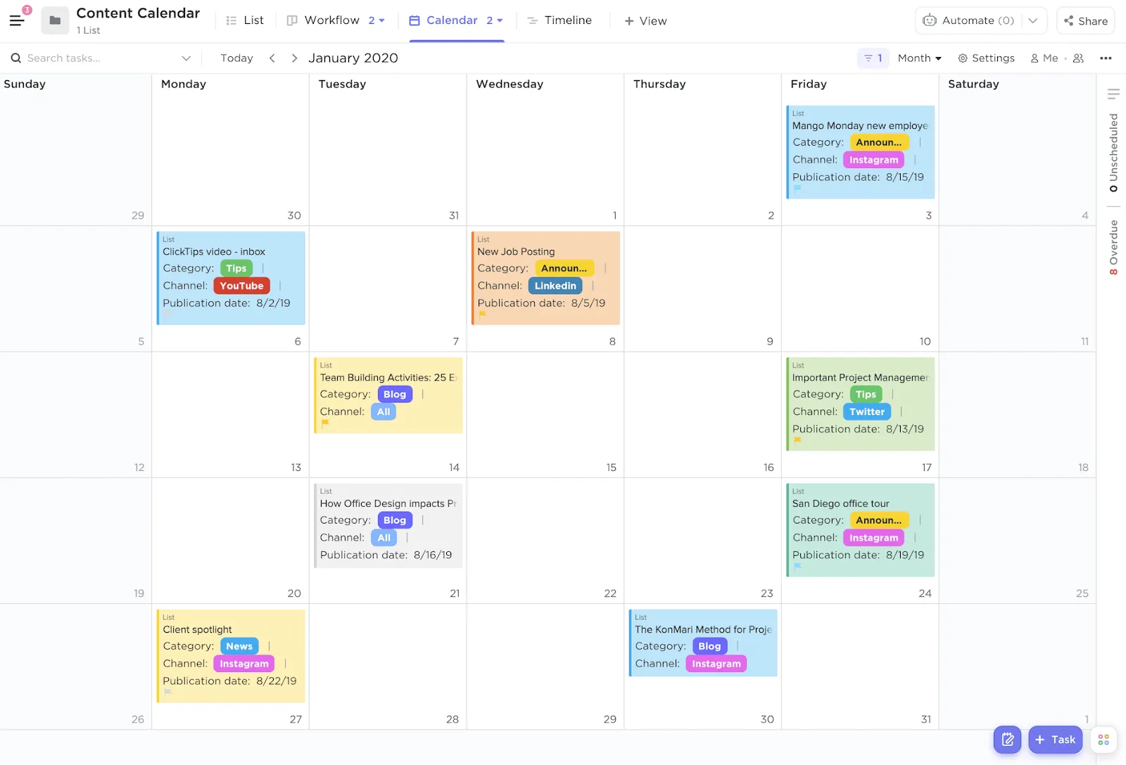 Pianifica i tuoi contenuti senza sforzo con il modello di calendario dei contenuti ClickUp.