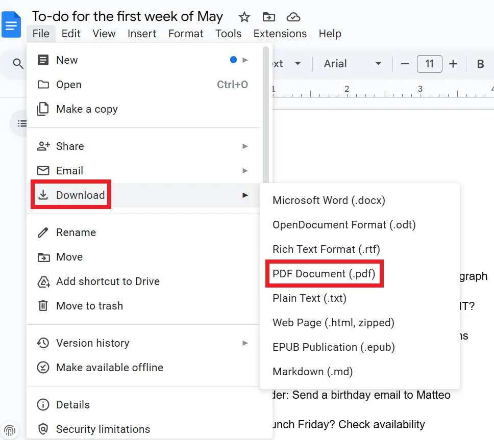 Option « Télécharger au format PDF » de Google Docs