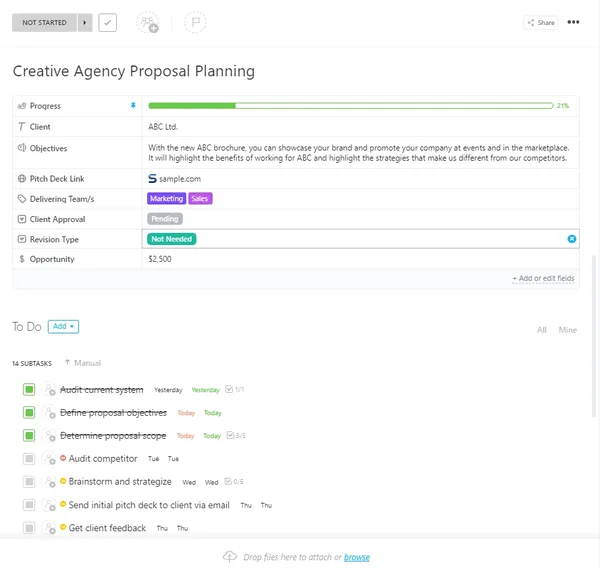 Modèle de planification de proposition pour agence créative ClickUp