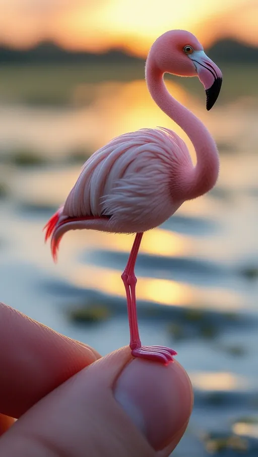 Close-up de um flamingo do tamanho de um dedo