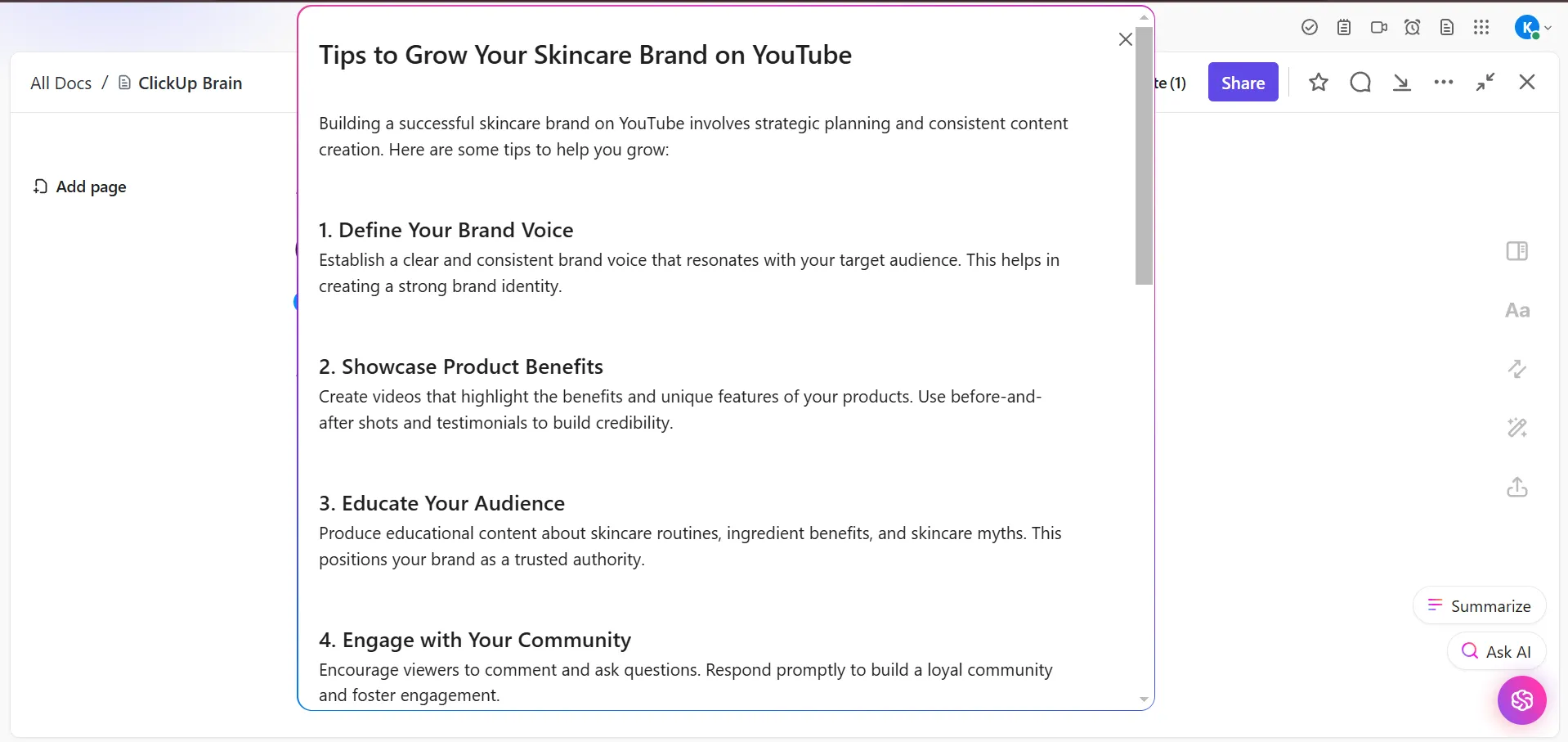 Động não ý tưởng video và hơn thế nữa với ClickUp Brain