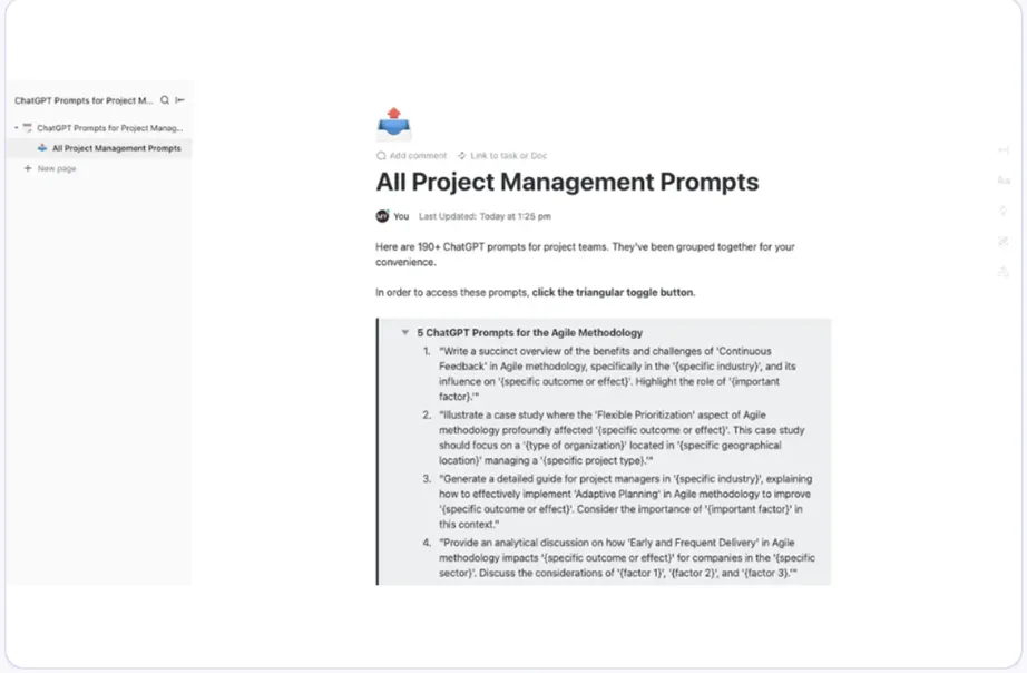 Шаблонът ChatGPT Prompts for Project Management на ClickUp е създаден, за да ви помогне да управлявате проектите си по-ефективно.