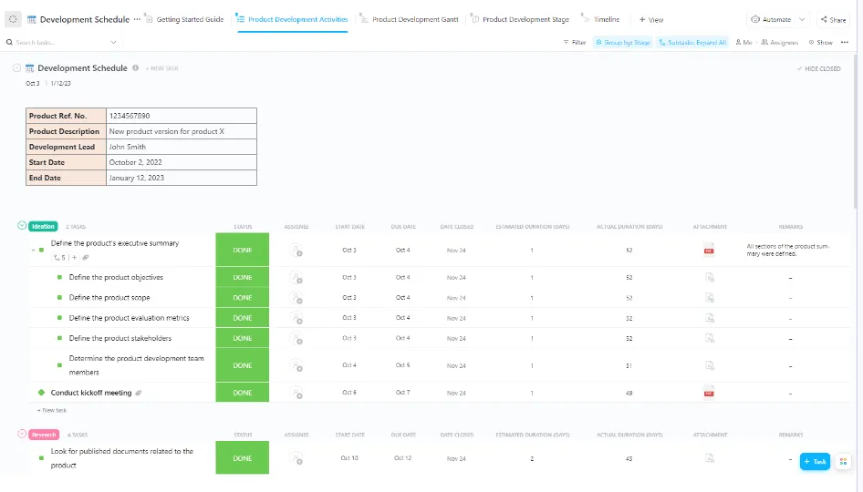 ClickUp-Vorlage für Entwicklungszeitpläne
