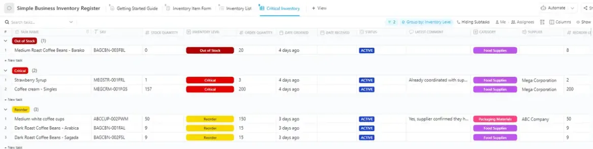 Modello semplice di registro dell'inventario aziendale di ClickUp
