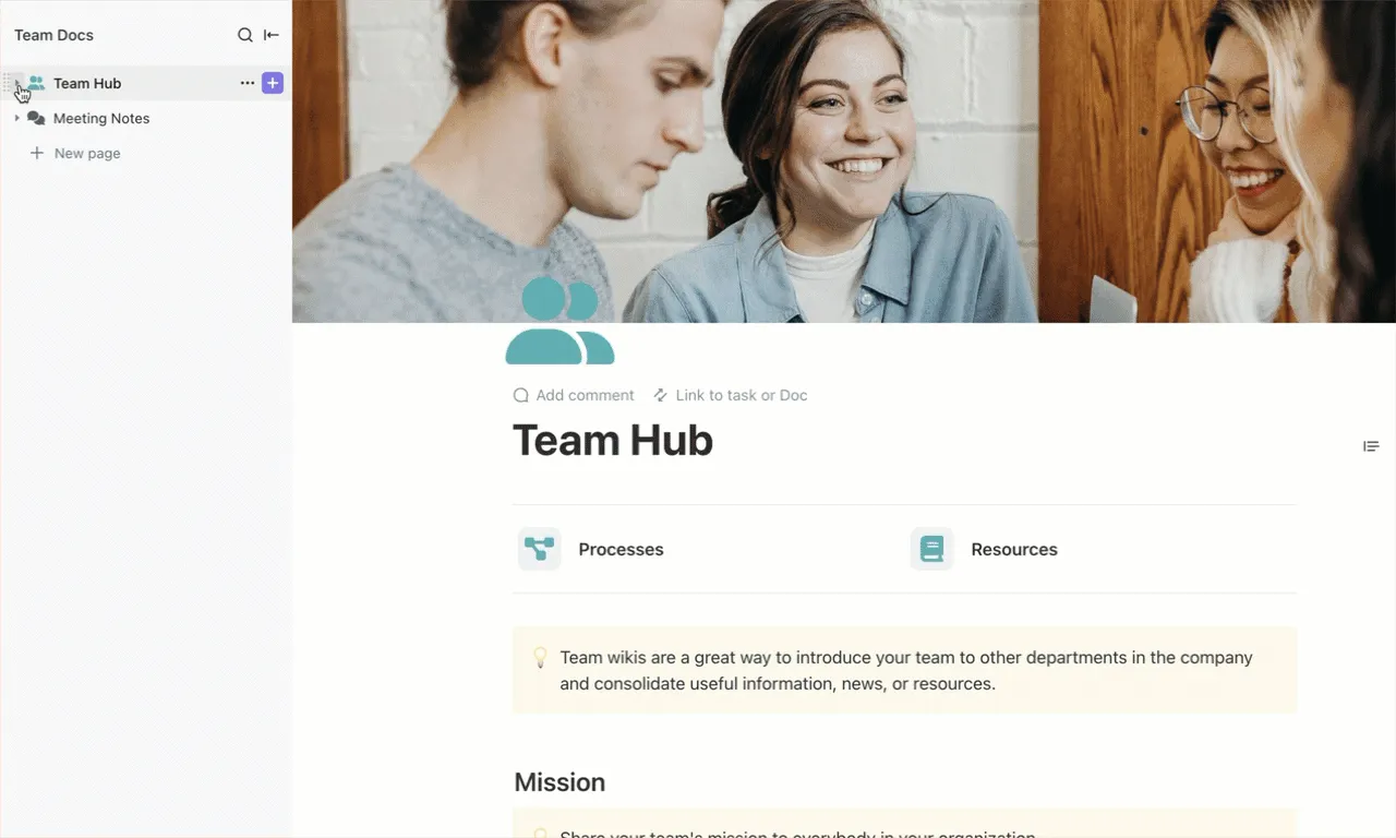 Hợp tác nhóm hiệu quả và quản lý kiến thức với Mẫu tài liệu nhóm ClickUp