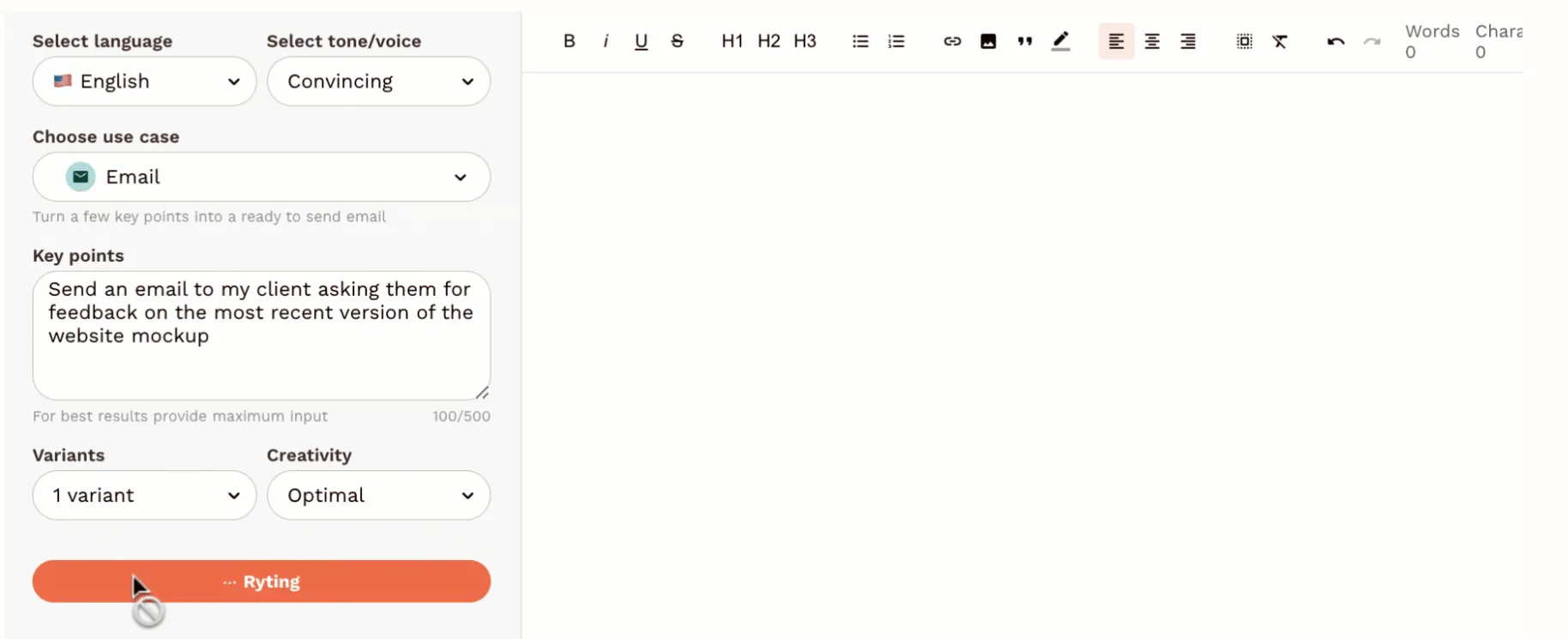 Panel de Rytr: redactor de blogs con IA