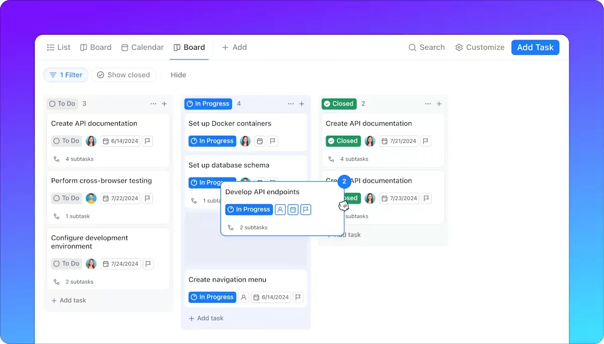 Tableros Kanban de ClickUp: visualización del flujo de trabajo