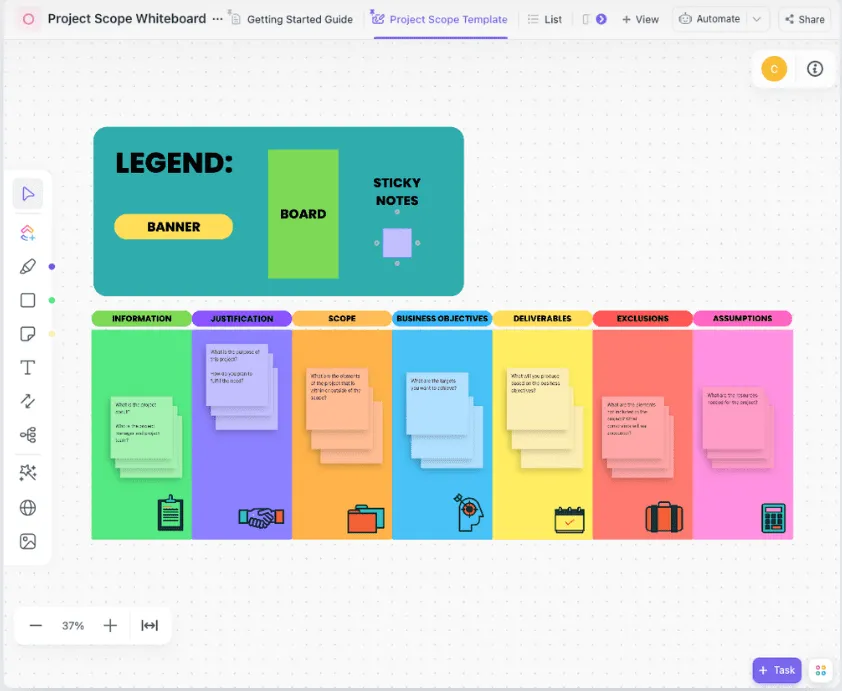 Modèle de tableau blanc sur la portée du projet par ClickUp