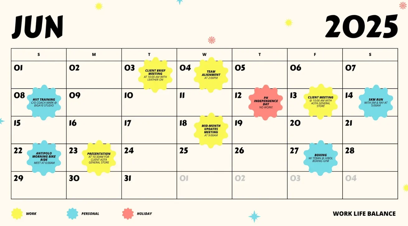 Template Kalender Bulanan Profesional dalam Warna Beige, Kuning Cerah, dan Biru Muda dengan Gaya Stiker Lucu