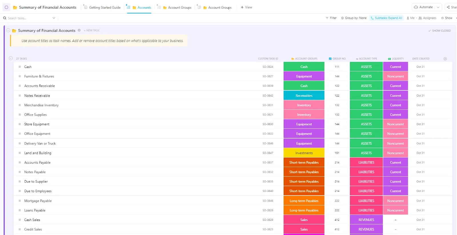 Plantilla de resumen de cuentas financieras de ClickUp
