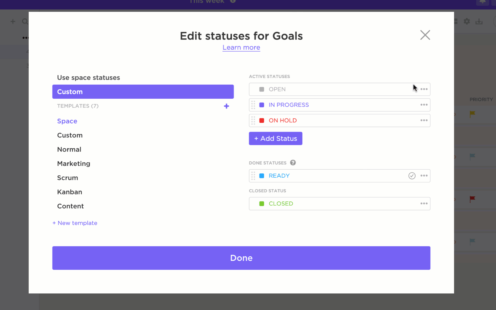 Status Tugas Kustom di ClickUp