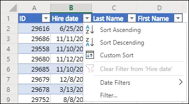 Sorteer en filter een Excel-tabel op een projectveld, zoals 'Workstream'