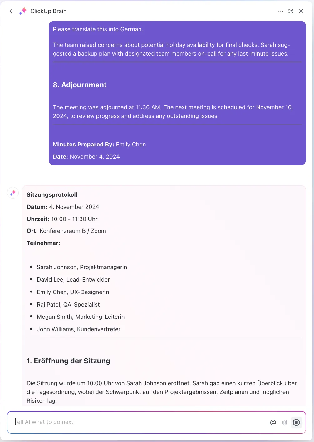 IA pour la prise de notes : utilisez des outils d'IA et traduisez instantanément vos notes en plusieurs langues avec ClickUp Brain.