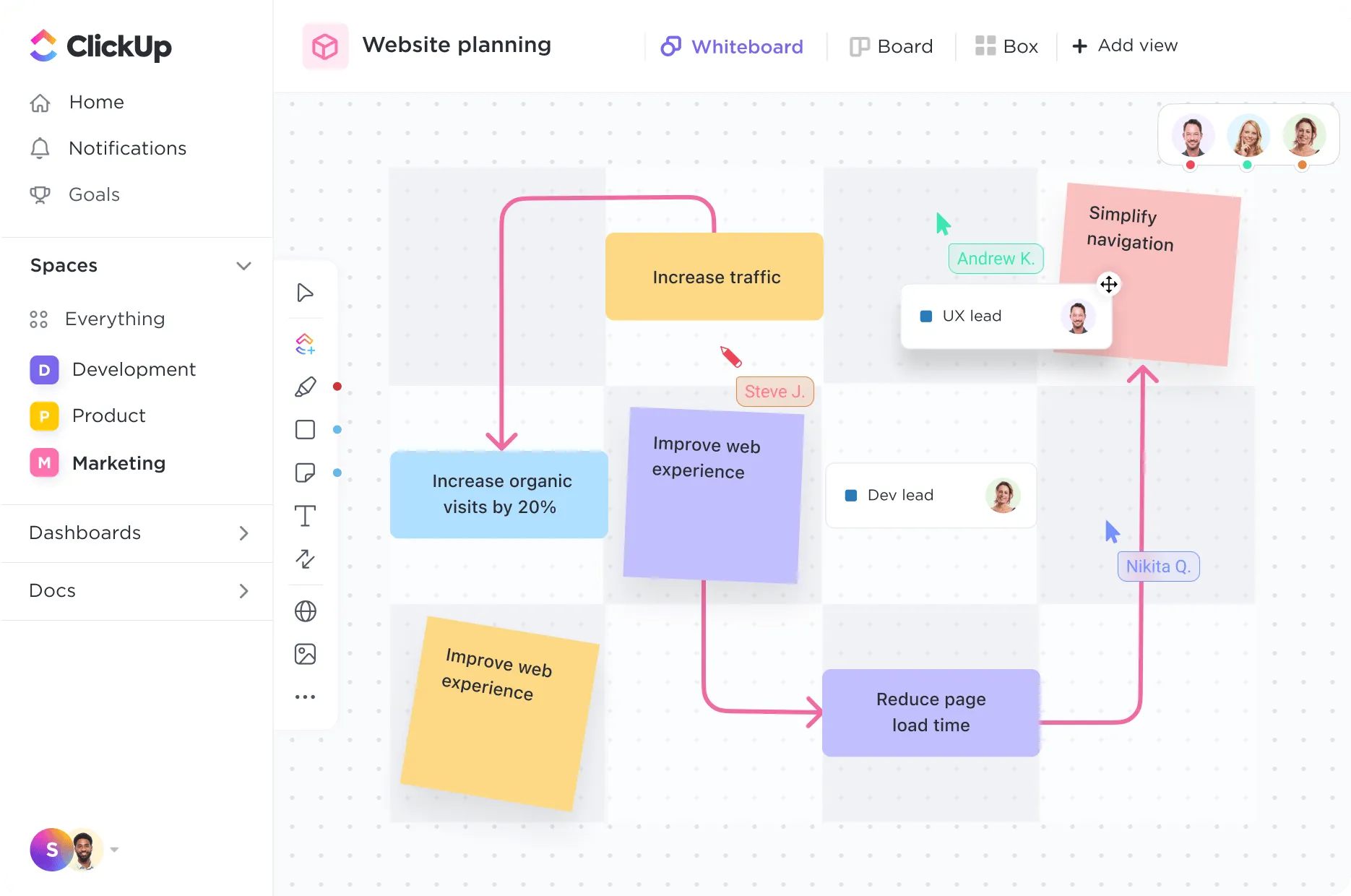 Utilizza le lavagne online ClickUp come strumento di collaborazione visiva per qualsiasi esigenza