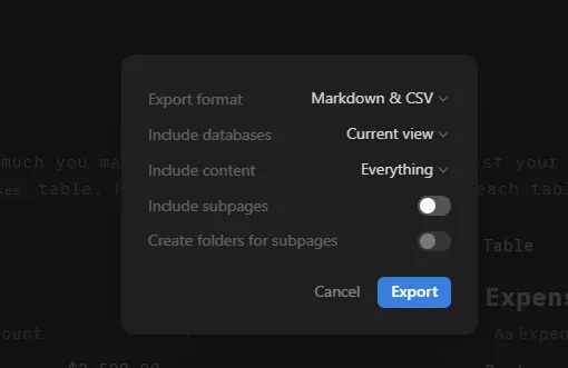 Formato de exportación Markdown y CSV en Notion