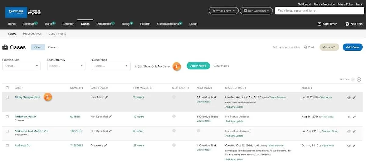Software für Workflow: Liste der Fälle auf der Website von MyCase