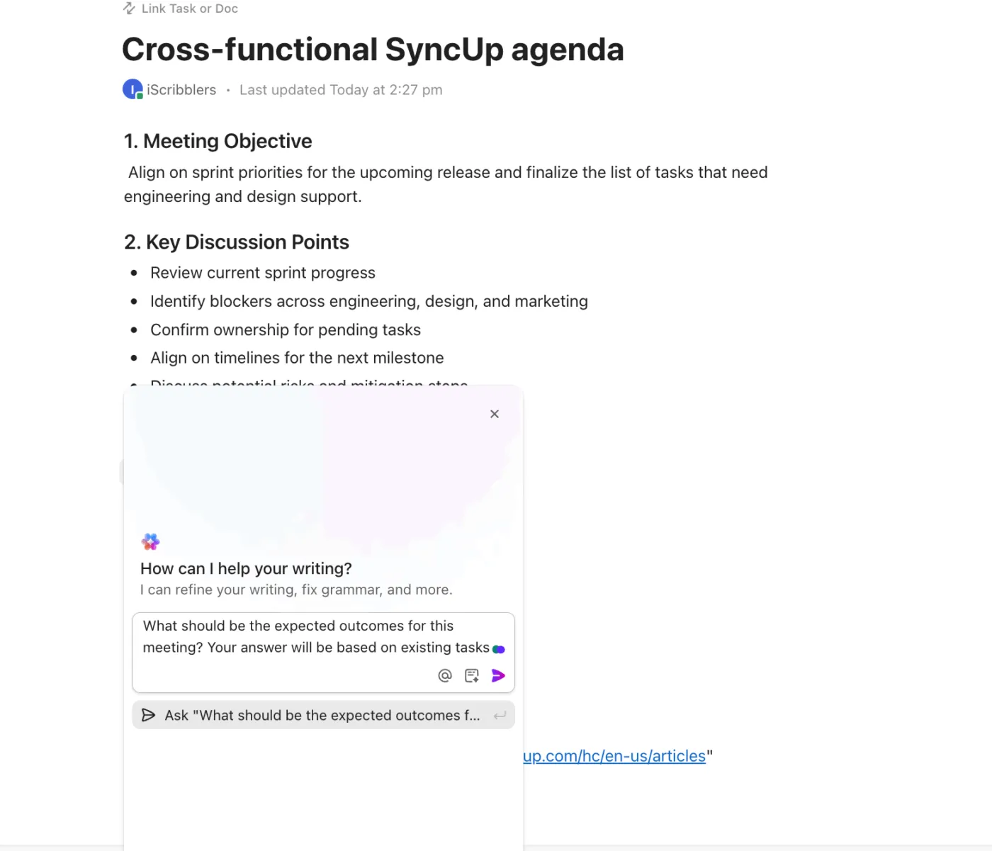 การประชุมเขียนงานแบบเร่งด่วนด้วย ClickUp Docs + Brain คอมโบ