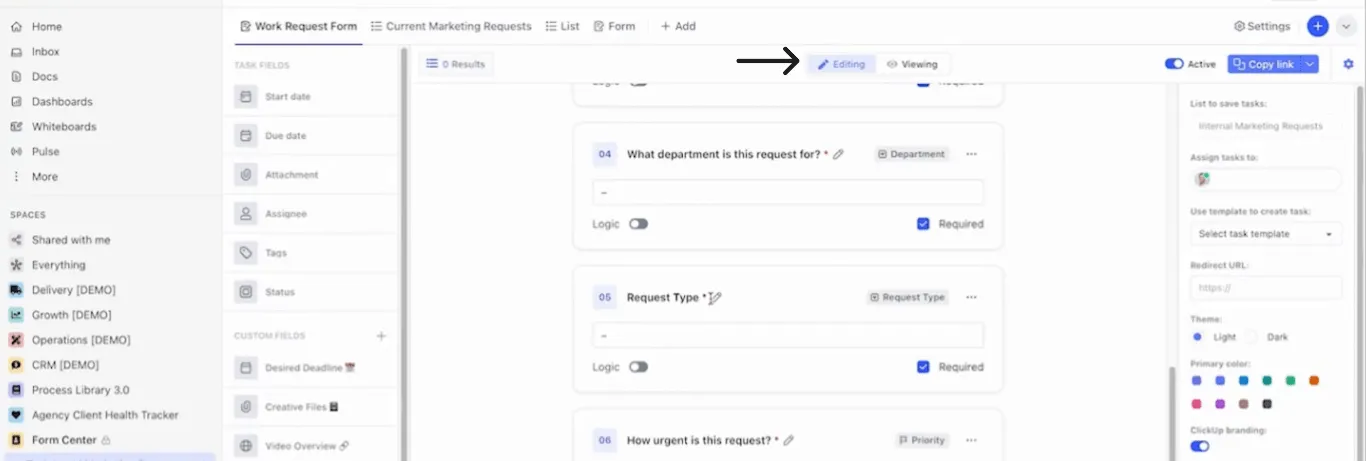 Přejděte do „režimu úprav“ ve formulářích ClickUp.