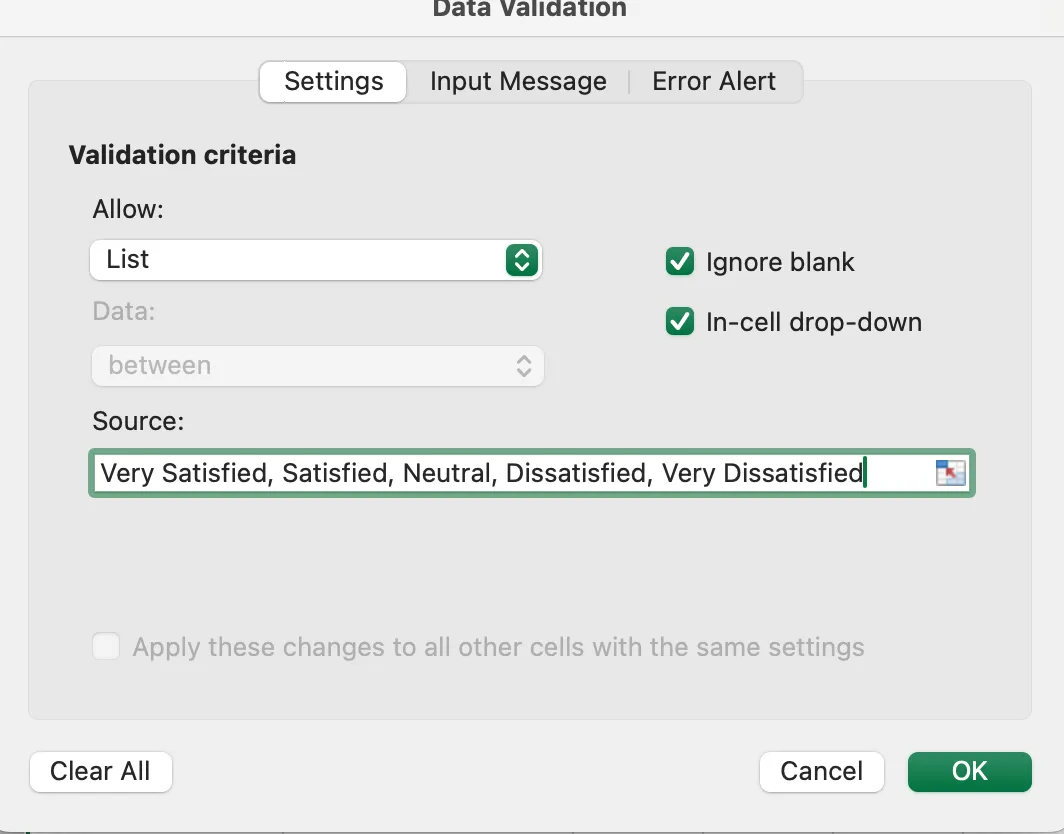 Excel anketi için doğrulama kriterlerinin karşılanması