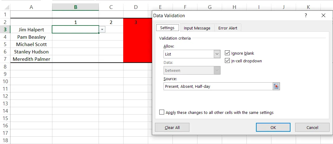 Creazione di un foglio presenze in Excel: Passaggio 3