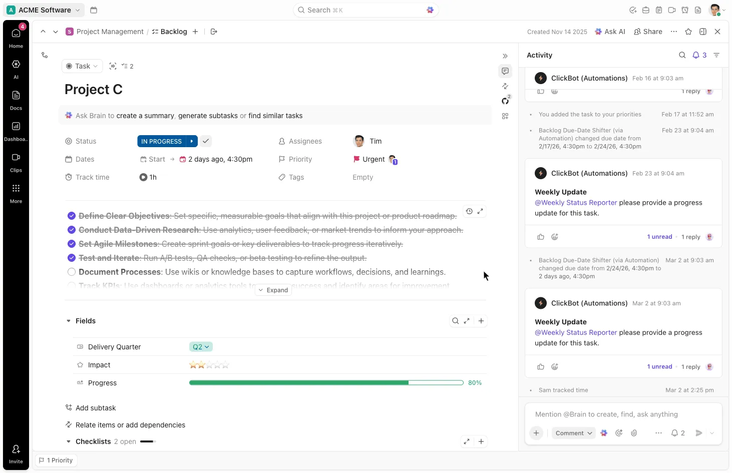 Tieni traccia del tempo dedicato alle attività con ClickUp Monitoraggio del tempo per i progetti