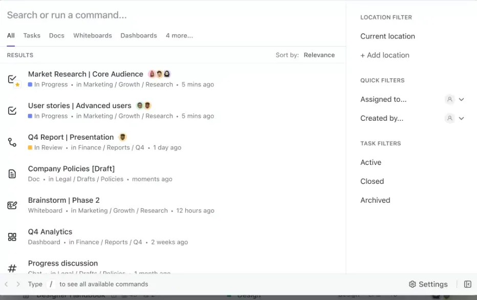 moteur de recherche intranet, ClickUp